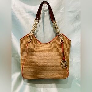 Michael Kors - Straw Textured&Orange color Leather W/Gold-tone Chained accents